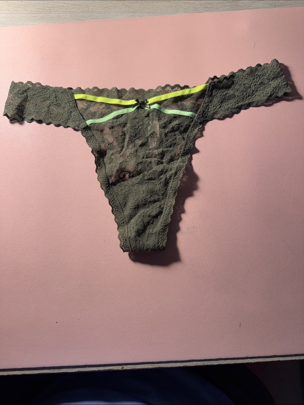 Victoria's Secret Olive Green Lace Thong with Neon Trim